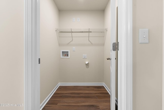washroom with washer hookup, hookup for a gas dryer, electric dryer hookup, dark wood-style floors, and laundry area