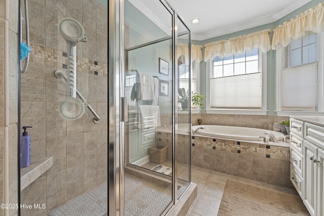 bathroom featuring ornamental molding, separate shower and tub, tile patterned flooring, and vanity