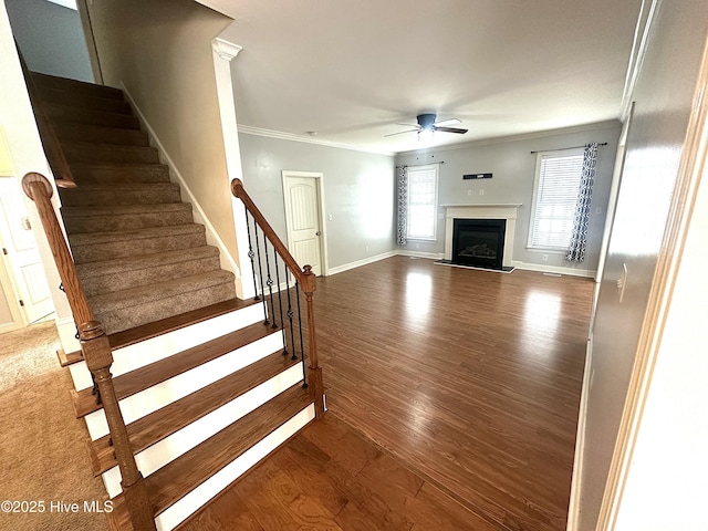 unfurnished living room featuring ceiling fan, ornamental molding, and dark hardwood / wood-style floors