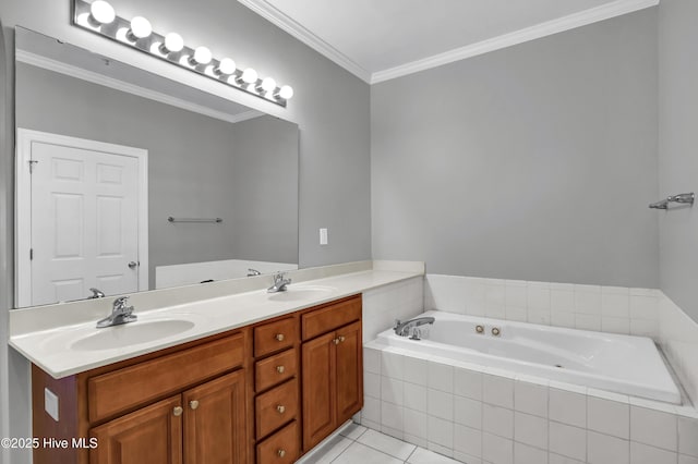 bathroom featuring vanity, tiled tub, tile patterned flooring, and ornamental molding