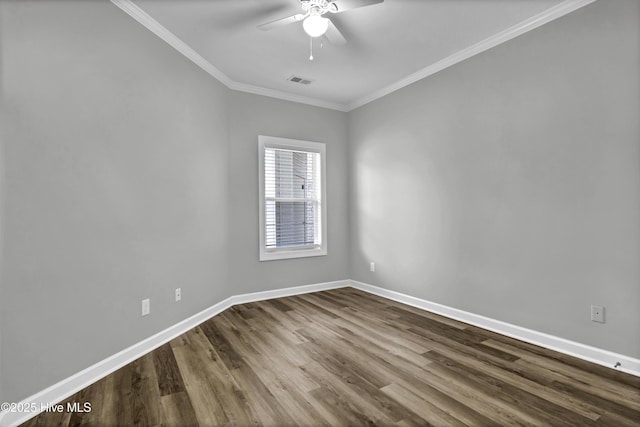 unfurnished room with crown molding, ceiling fan, and hardwood / wood-style flooring