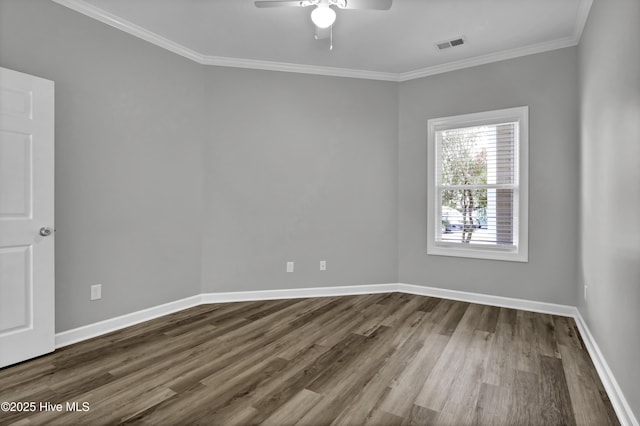 unfurnished room with crown molding, wood-type flooring, and ceiling fan