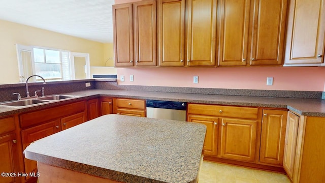 kitchen with stainless steel dishwasher, a center island, and sink