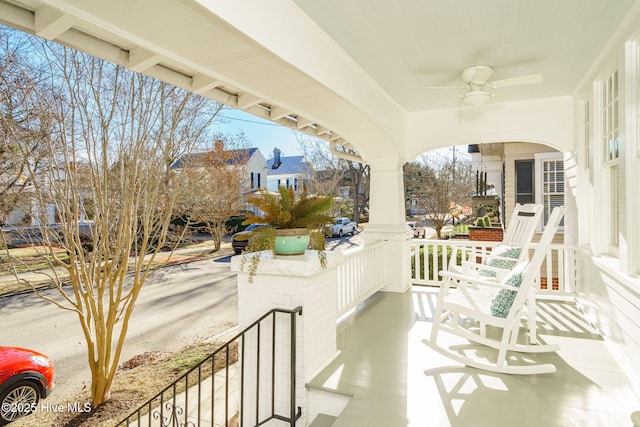 view of patio / terrace featuring ceiling fan and a porch