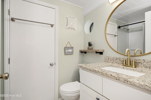 full bathroom with toilet, crown molding, and vanity