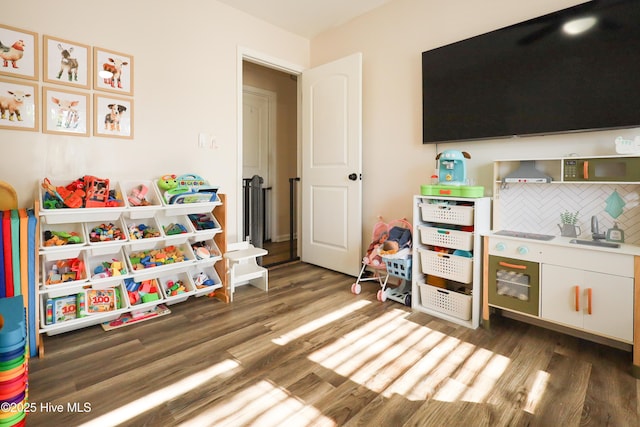 recreation room with dark wood-type flooring