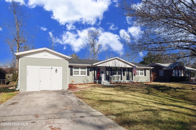 single story home with brick siding, driveway, and a front lawn