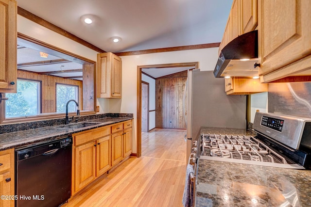 kitchen featuring sink, light hardwood / wood-style flooring, dark stone countertops, stainless steel appliances, and exhaust hood