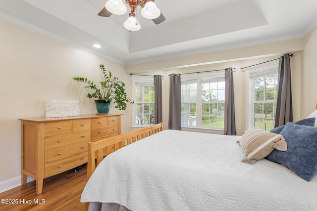 232 E Ivybridge Dr, Hubert, NC 28539 - bedroom with wood finished floors, multiple windows, crown molding, a tray ceiling, and ceiling fan