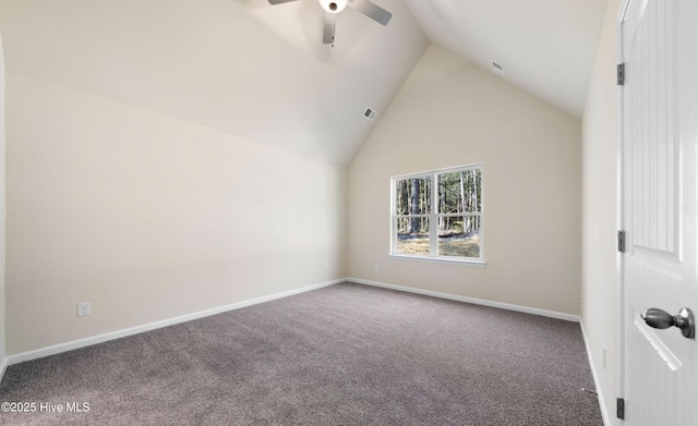 interior space with ceiling fan, high vaulted ceiling, and carpet