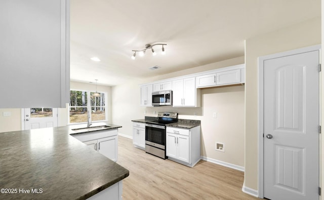 kitchen with white cabinets, dark countertops, a sink, and appliances with stainless steel finishes