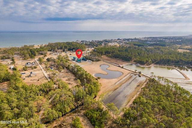 aerial view featuring a view of trees and a water view