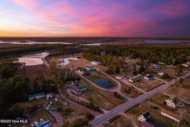 aerial view at dusk featuring a forest view and a water view