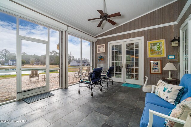 811 Hwy 70 Davis, Davis, NC 28524 - sunroom featuring french doors, ceiling fan, and lofted ceiling
