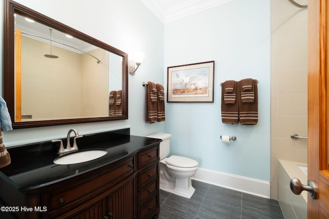 full bathroom with tile patterned flooring, baseboards, toilet, ornamental molding, and vanity