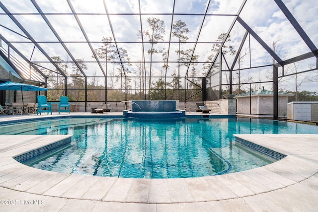 outdoor pool with glass enclosure and a patio