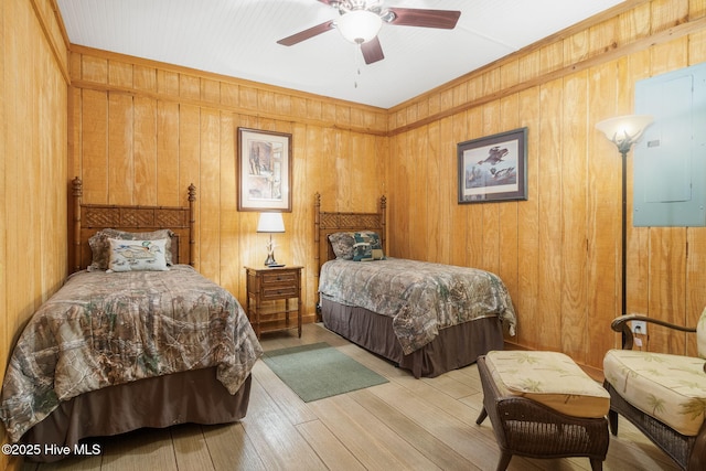 bedroom with electric panel, wood finished floors, ceiling fan, and wood walls