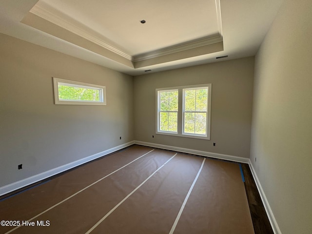 empty room featuring a healthy amount of sunlight, baseboards, ornamental molding, and a tray ceiling