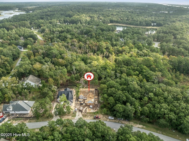 bird's eye view featuring a water view and a wooded view