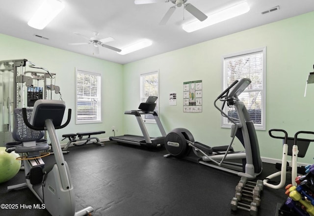 exercise room featuring ceiling fan