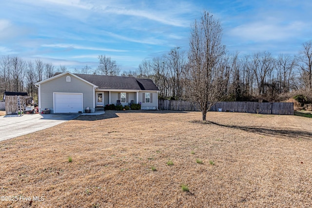 single story home with a garage, covered porch, and a front lawn