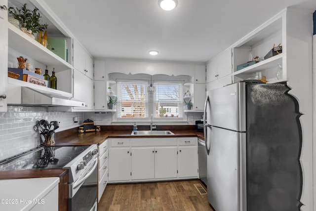 kitchen featuring tasteful backsplash, sink, white cabinets, and appliances with stainless steel finishes