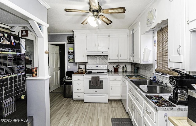 kitchen featuring ornamental molding, a sink, under cabinet range hood, white appliances, and light wood finished floors