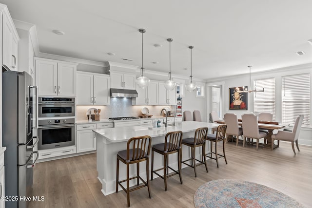 kitchen featuring tasteful backsplash, appliances with stainless steel finishes, pendant lighting, a kitchen island with sink, and white cabinets