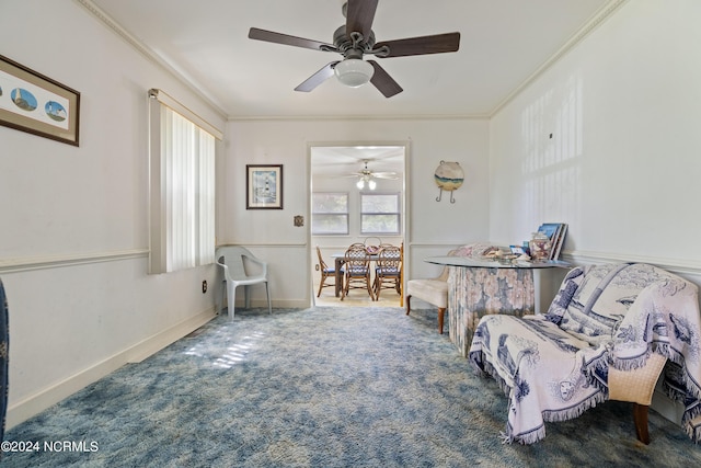 living area with crown molding and carpet flooring