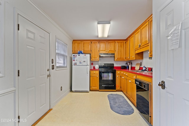 kitchen featuring ornamental molding, sink, and black appliances