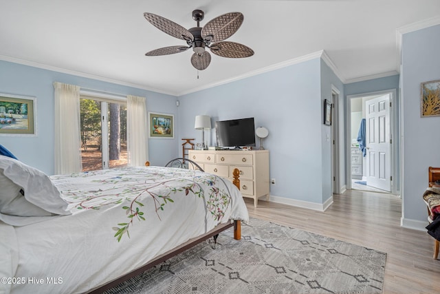 bedroom with crown molding, light hardwood / wood-style floors, and ceiling fan