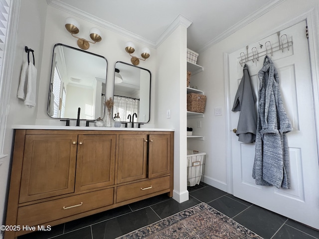 bathroom featuring tile patterned flooring, vanity, plenty of natural light, and ornamental molding