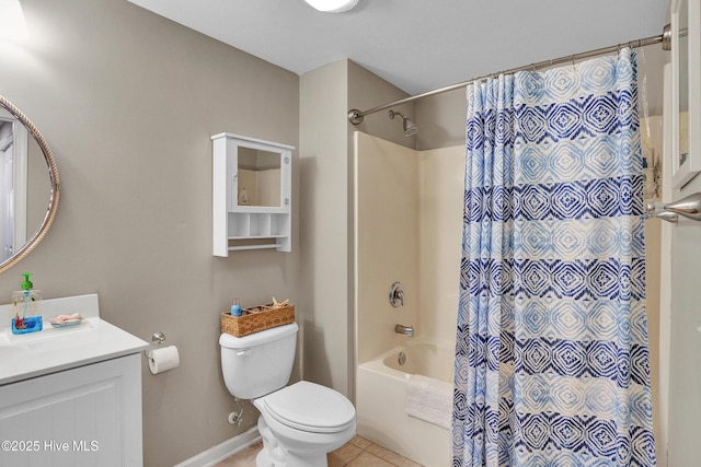 full bathroom featuring vanity, shower / tub combo with curtain, tile patterned floors, and toilet