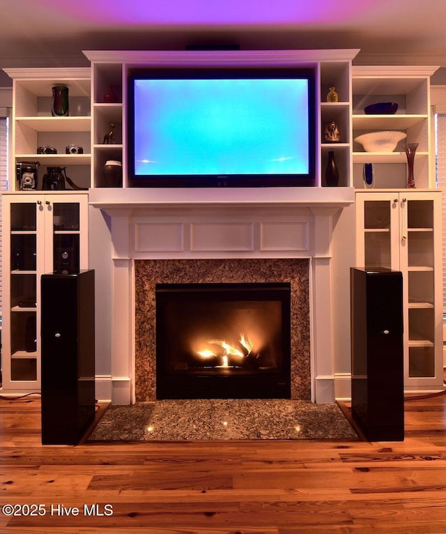 details featuring hardwood / wood-style flooring and a high end fireplace