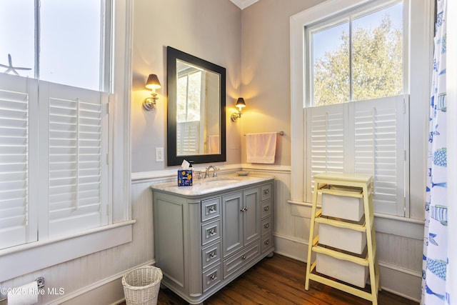 full bath featuring vanity, wood finished floors, and wainscoting