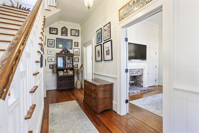 entrance foyer with dark wood-type flooring, wainscoting, and ornamental molding