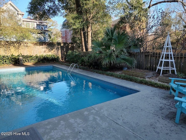 view of pool featuring a fenced in pool, a fenced backyard, and a patio