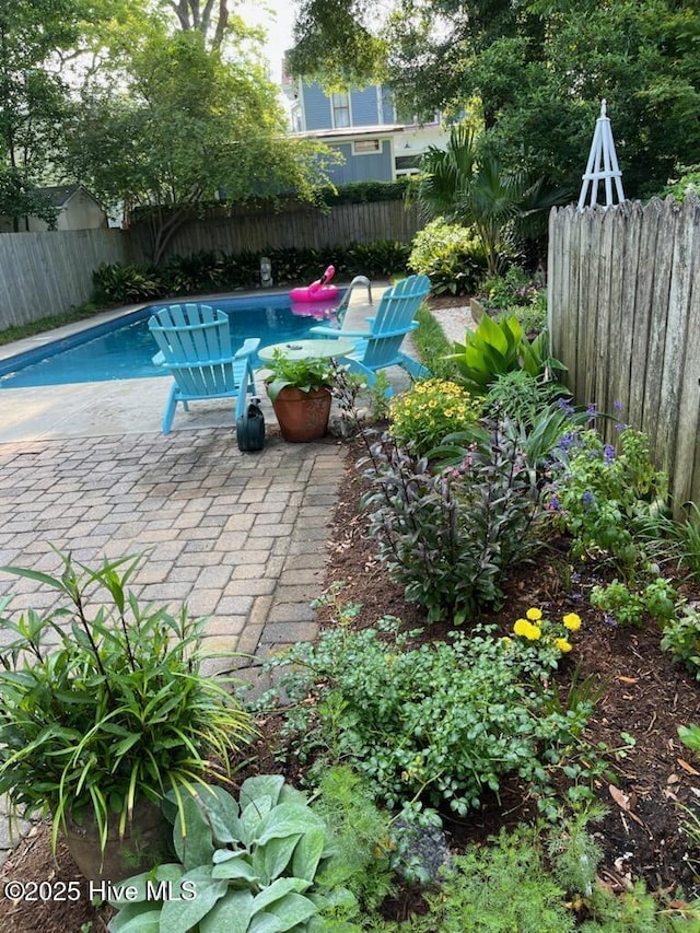 view of pool featuring a patio area, a fenced backyard, and a fenced in pool