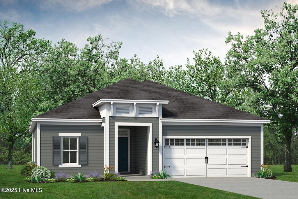 ranch-style house with concrete driveway, a front lawn, roof with shingles, and an attached garage