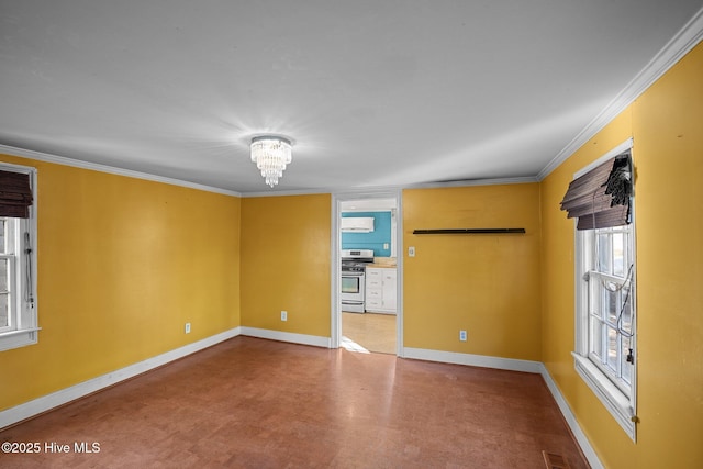 unfurnished room with crown molding and an inviting chandelier