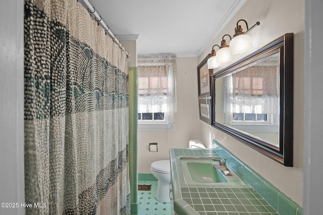 bathroom with vanity, ornamental molding, and toilet