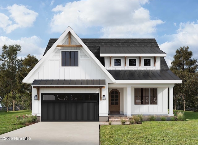 modern farmhouse with a garage, driveway, metal roof, a standing seam roof, and board and batten siding