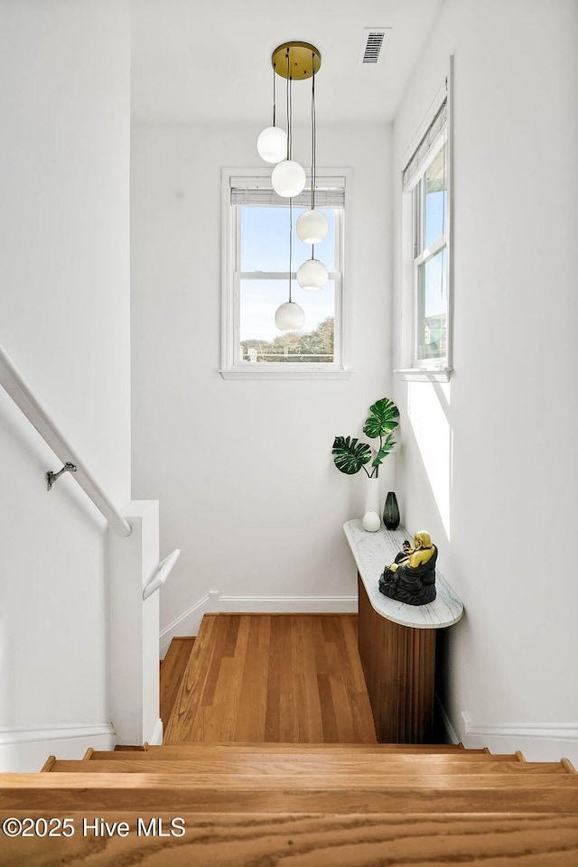 stairway with visible vents, baseboards, and wood finished floors