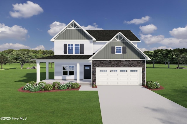 view of front of property with driveway, a front lawn, stone siding, board and batten siding, and a garage