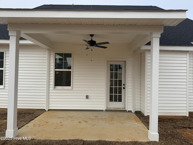 property entrance featuring ceiling fan and a patio