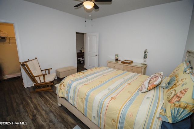 bedroom featuring dark hardwood / wood-style flooring, a spacious closet, ceiling fan, and a closet