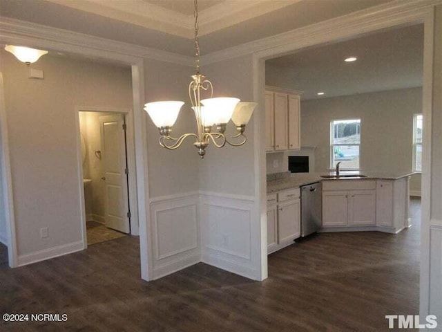 kitchen featuring decorative light fixtures, dishwasher, sink, white cabinets, and dark hardwood / wood-style flooring