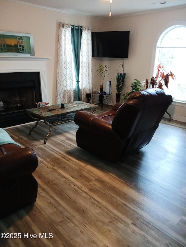 living area with a fireplace, wood finished floors, and ornamental molding