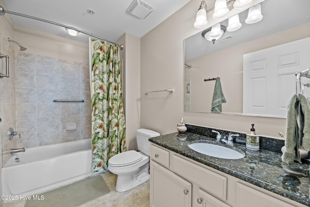 full bathroom featuring vanity, tile patterned flooring, shower / bath combination with curtain, and toilet