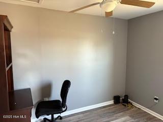 office area featuring wood-type flooring and ceiling fan